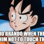 Confused Goku | DIO BRANDO WHEN THEY TOLD HIM NOT TO TOUCH THE DOG | image tagged in confused goku | made w/ Imgflip meme maker