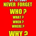 Bigass red blank template | 9 / 11 / 2001; NEVER  FORGET; WHO ? WHAT ? WHEN ? WHERE ? WHY ? | image tagged in 9-11 never forget,who,what,when,where,why | made w/ Imgflip meme maker