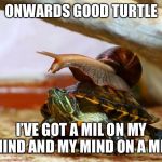 So close yet so far... | ONWARDS GOOD TURTLE; I’VE GOT A MIL ON MY MIND AND MY MIND ON A MIL | image tagged in snail on a turtle,memes,imgflip,one million points | made w/ Imgflip meme maker