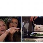 White cat at dinner table meme