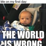 Grumpy Newborn | Me on my first day:; THE WORLD IS WRONG | image tagged in grumpy newborn | made w/ Imgflip meme maker