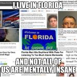 Florida Man | I LIVE IN FLORIDA; AND NOT ALL OF US ARE MENTALLY INSANE | image tagged in insane,florida,florida man | made w/ Imgflip meme maker