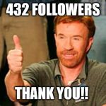 chuck norris thanks you | 432 FOLLOWERS; THANK YOU!! | image tagged in chuck norris thanks you | made w/ Imgflip meme maker