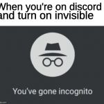 You've gone incognito | When you're on discord; and turn on invisible | image tagged in you've gone incognito | made w/ Imgflip meme maker