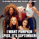 Spice Girls | TELL ME WHAT YOU WANT, WHAT YOU REALLY, REALLY WANT; I WANT PUMPKIN SPICE, IT’S SEPTEMBER! | image tagged in spice girls | made w/ Imgflip meme maker
