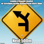 What it looked like when I saw a similar sign the other day... | Leaping triangular-headed, air-breathing,kicking Hammerhead Shark-thing; Next 500m | image tagged in yellow road sign | made w/ Imgflip meme maker