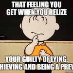 Charlie Brown | THAT FEELING YOU GET WHEN YOU RELIZE; YOUR GUILTY OF LYING, THIEVING AND BEING A PREV! | image tagged in charlie brown | made w/ Imgflip meme maker