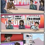 Boardroom meeting jeopardy | IT'S A FEEL GOOD FOOD; WHAT IS A DOUBLE CHEESEBURGER? WHAT IS A PIZZA? I'M A VEGAN | image tagged in boardroom meeting jeopardy | made w/ Imgflip meme maker