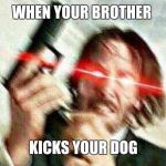 my brother is abusive | WHEN YOUR BROTHER; KICKS YOUR DOG | image tagged in john wick,animal abuse,brother,dog | made w/ Imgflip meme maker