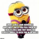 girl minion | SHORT GIRLS LOOK ADORABLE AND SWEET UNTIL YOU PISS THEM OFF THEN ITS HELL AND THEY HAVE THE PERFECT ANGLE TO KICK YOU IN UR BALLZ | image tagged in girl minion | made w/ Imgflip meme maker
