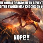 Nope | WHEN YOUR A DRAGON IN AN ADVENTURE MOVIE AND THE SWORD MAN KNOCKS ON YOUR DOOR; NOPE!!! | image tagged in nope | made w/ Imgflip meme maker