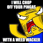Roblox Noob | I WILL CHOP OFF YOUR PINGAS WITH A WEED WACKER | image tagged in roblox noob | made w/ Imgflip meme maker