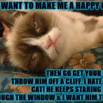 A HAPPY CAT | YOU WANT TO MAKE ME A HAPPY CAT? THEN GO GET YOUR CAT & THROW HIM OFF A CLIFF. I HATE YOUR CAT! HE KEEPS STARING AT ME THROUGH THE WINDOW & I WANT HIM TO DIE! | image tagged in a happy cat | made w/ Imgflip meme maker