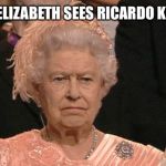 Ricardo, the Queen sends her regards!! Cheers!! | QUEEN ELIZABETH SEES RICARDO KLEMENT | image tagged in queen elizabeth flipping the bird,roast ricardo week,funny memes | made w/ Imgflip meme maker