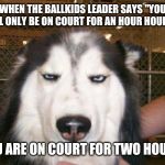 seriously_husky | WHEN THE BALLKIDS LEADER SAYS "YOU WILL ONLY BE ON COURT FOR AN HOUR HOUR"..... YOU ARE ON COURT FOR TWO HOURS. | image tagged in seriously_husky | made w/ Imgflip meme maker