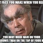 THAT OLD GUY FROM DUNE SAW REFLECTION IN MIRROR FOR FIRST TIME AND SHIT HIS PANTS | THAT FACE YOU MAKE WHEN YOU REALIZE; YOU HAVE MORE HAIR ON YOUR EYEBROWS THAN ON THE TOP OF YOUR HEAD | image tagged in dune browz,dune,eyebrows,baldness,pants,shit | made w/ Imgflip meme maker
