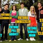 Popular Predictions | FUTURE
ALCOHOLIC; FUTURE
EMBEZZLER; STILL IN THE CLOSET; FUTURE
PILL
ADDICT; FUTURE
SINGLE
MOM; STILL IN THE CLOSET | image tagged in popular kids,the future,prediction,lol so funny,school meme,high school | made w/ Imgflip meme maker