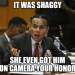 tekashi 69 | IT WAS SHAGGY; SHE EVEN GOT HIM ON CAMERA YOUR HONOR | image tagged in tekashi 69 | made w/ Imgflip meme maker