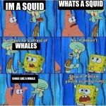 Scaring Squidward | WHATS A SQUID; IM A SQUID; WHALES; SINGS LIKE A WHALE | image tagged in scaring squidward | made w/ Imgflip meme maker