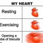 *POP of the biscuit can* *heart palpitations* | Resting; Exercising; Opening a tube of biscuits | image tagged in my heart blank,memes,funny,biscuit can,scary sounds | made w/ Imgflip meme maker