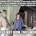 That's Not How Any Of This Works | REQUIRING PEOPLE TO CONFORM TO YOUR SOCIAL COMFORT LEVEL IS LIKE ME REQUIRING THE BUILDING TEMPERATURE BE DROPPED TO 65 DEGREES, BECAUSE ITS WHAT'S COMFORTABLE FOR ME. THAT'S NOT HOW THAT WORKS | image tagged in that's not how any of this works | made w/ Imgflip meme maker