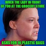 Greta Thunberg | WHEN THE LADY IN FRONT OF YOU AT THE GROCERY STORE; ASKS FOR 16 PLASTIC BAGS | image tagged in greta thunberg | made w/ Imgflip meme maker