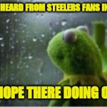 Kermit rain | I HAVENT HEARD FROM STEELERS FANS IN A WHILE; I HOPE THERE DOING OK. | image tagged in kermit rain | made w/ Imgflip meme maker