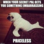 Halloween Dog Seal | WHEN YOUR SECRET PAL GETS YOU SOMETHING EMBARRASSING; PRICELESS | image tagged in halloween dog seal | made w/ Imgflip meme maker