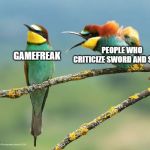 people love yelling | PEOPLE WHO CRITICIZE SWORD AND SHIELD; GAMEFREAK | image tagged in screaming burds,pokemon,pokemon sword and shield | made w/ Imgflip meme maker