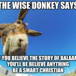 Wise Donkey Says | IF YOU BELIEVE THE STORY OF BALAAM 

YOU'LL BE BELIEVE ANYTHING

BE A SMART CHRISTIAN | image tagged in wise donkey says | made w/ Imgflip meme maker