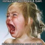 Crying Baby | I'm going to open a new restaurant called Peace & Quiet. Children's plates start at $250. | image tagged in crying baby | made w/ Imgflip meme maker
