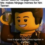 Ninjago dareth | Tanner: asks for Ninjago memes
Me: makes Ninjago memes for him
Tanner: | image tagged in ninjago dareth | made w/ Imgflip meme maker