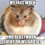 This is also my cat | MY FACE WHEN; NO BEASTMOON EVENT ON WIZARD101 | image tagged in this is also my cat | made w/ Imgflip meme maker