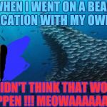 Nyan running from the big fishark!! | WHEN I WENT ON A BEACH VACATION WITH MY OWNER, I DIDN'T THINK THAT WOULD HAPPEN !!! MEOWAAAAAAAH !! | image tagged in fish teamwork | made w/ Imgflip meme maker