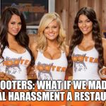 Hooters Girls | HOOTERS: WHAT IF WE MADE SEXUAL HARASSMENT A RESTAURANT | image tagged in hooters girls | made w/ Imgflip meme maker