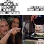 Ladies Yelling at Confused Cat | MY MOM YELLING AT ME FOR NOT PUTTING THE DISHES IN ALPHABETICAL ORDER; ME CONFUSED ON WHAT THAT MEANS | image tagged in ladies yelling at confused cat | made w/ Imgflip meme maker
