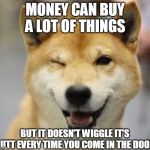 wink doge | MONEY CAN BUY A LOT OF THINGS; BUT IT DOESN'T WIGGLE IT'S BUTT EVERY TIME YOU COME IN THE DOOR | image tagged in wink doge | made w/ Imgflip meme maker