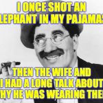 Marksmanship is the key to a successful relationship. | I ONCE SHOT AN ELEPHANT IN MY PAJAMAS. THEN THE WIFE AND I HAD A LONG TALK ABOUT WHY HE WAS WEARING THEM. | image tagged in groucho marx,memes,real housewives,poachers,spandex,found ivory | made w/ Imgflip meme maker