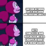 Spinel | CARTOON NETWORK AIRS A NEW SHOW AND EVERYONE LOVES IT; GETS CANCELLED AND REPLACED WITH A CRAPPY REBOOT OF A DEAD SERIES | image tagged in spinel | made w/ Imgflip meme maker