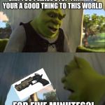 Could You Stop For Five Minutes | CAN YOU PLEASE STOP THINKING YOUR A GOOD THING TO THIS WORLD; FOR FIVE MINUTES?! | image tagged in could you stop for five minutes | made w/ Imgflip meme maker