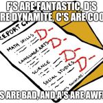 Report Card | F'S ARE FANTASTIC, D'S ARE DYNAMITE, C'S ARE COOL; B'S ARE BAD, AND A'S ARE AWFUL | image tagged in report card | made w/ Imgflip meme maker