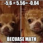 dog math | -5.6 + 5.56= -0.04; BECUASE MATH | image tagged in dog math | made w/ Imgflip meme maker