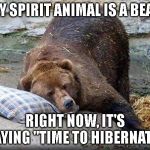 Narcoleptic Sleeping Bear Meme | MY SPIRIT ANIMAL IS A BEAR; RIGHT NOW, IT'S SAYING "TIME TO HIBERNATE" | image tagged in narcoleptic sleeping bear meme | made w/ Imgflip meme maker