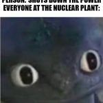Toothless | PERSON:*SHUTS DOWN THE POWER
EVERYONE AT THE NUCLEAR PLANT: | image tagged in toothless | made w/ Imgflip meme maker
