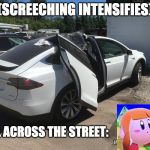 Tesla Model X | (SCREECHING INTENSIFIES); GIRL ACROSS THE STREET: | image tagged in tesla model x | made w/ Imgflip meme maker