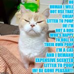 I'M A CAT | NO HUMAN I WILL NOT USE THAT CHEAP LITTER TO POOP IN! I'M NOT A DOG WHO'S HAPPY TO ROLL IN THEIR OWN POOP; I'M A CAT AND I DEMAND EXPENSIVE SCENTED LITTER TO POOP IN! BE GONE PEASANT! | image tagged in i'm a cat | made w/ Imgflip meme maker