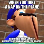 I Knew There Was Something Fishy! | WHEN YOU TAKE A NAP ON THE PLANE; AND YOU SEE A FISH SWIM BY OUTSIDE YOUR WINDOW WHEN YOU WAKE UP | image tagged in smg4's face,fish,airplane,uh oh,nap | made w/ Imgflip meme maker