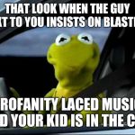 Seriously dude, turn that junk down! | THAT LOOK WHEN THE GUY NEXT TO YOU INSISTS ON BLASTING; PROFANITY LACED MUSIC AND YOUR KID IS IN THE CAR | image tagged in kermit car,profanity,kids,traffic | made w/ Imgflip meme maker