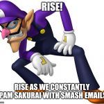 Waluigi | RISE! RISE AS WE CONSTANTLY SPAM SAKURAI WITH SMASH EMAILS! | image tagged in waluigi | made w/ Imgflip meme maker