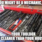 ToolBox | YOU MIGHT BE A MECHANIC IF; . . . YOUR TOOLBOX IS CLEANER THAN YOUR HOUSE | image tagged in toolbox | made w/ Imgflip meme maker